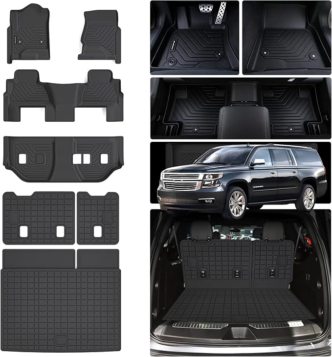 Floor Mats for 2015-2019 2020 Chevy Chevrolet Suburban/GMC Yukon XL 8 Seats (Not for Yukon) (2nd Row Bench Seats) & Cargo Mat & Backrest Mat,TPE All Weather Protection Full Set Accessories