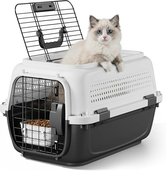 22.5" Hard-Sided Pet Carrier for Small Dogs & Cats, Plastic Cat Carriers | Front & Top Door Access, Ventilation Design, Feeding Bowl Included, for Camping & Trips, for Small Pets up to 26 lbs, Gray
