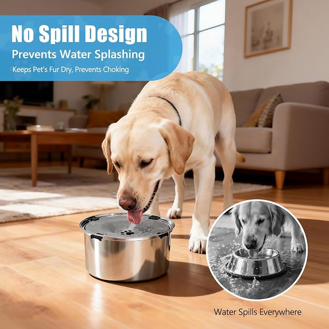 SCHITEC No Spill Dog Water Bowl for Large Dogs, 5.6L / 1.5 Gallon Stainless Steel Splash-Proof Slow Drinking Pet Dish with Floating Disk & Non-Slip Base, Mess-Free Design for Home or Travel-Gray