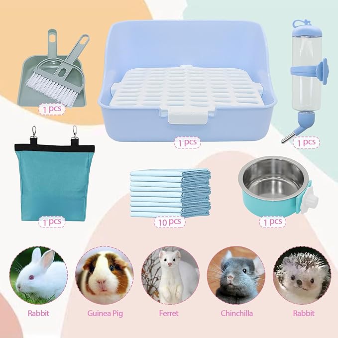 Rabbit Litter Box Trainer with Hay Feeder Hanging Bowls Water Dispenser for Cage Drawer Pan Litter Bedding Small Animal Pet Toilet Bunny Guinea Pigs Chinchilla Ferret Small Animals Blue