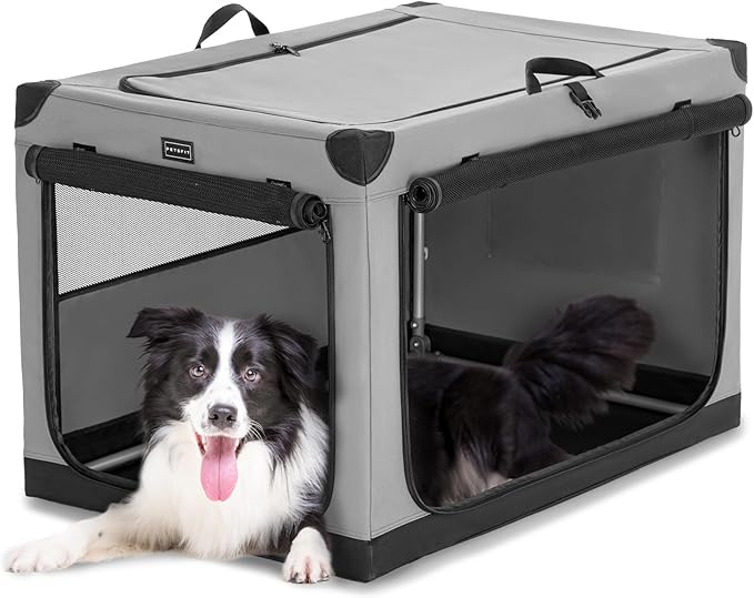 PETSFIT 36" Soft Portable Dog Crate – Patented Spiral Sturdy Frame, Collapsible Travel Kennel for Medium & Large Dogs, 3 Mesh Door, Lockable Zippers, Indoor & Car Use Gray