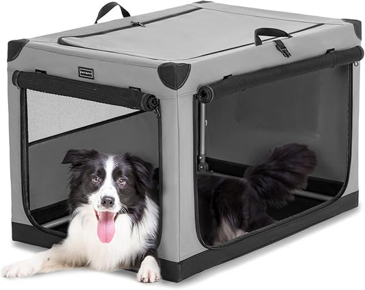 PETSFIT 36" Soft Portable Dog Crate – Patented Spiral Sturdy Frame, Collapsible Travel Kennel for Medium & Large Dogs, 3 Mesh Door, Lockable Zippers, Indoor & Car Use Gray