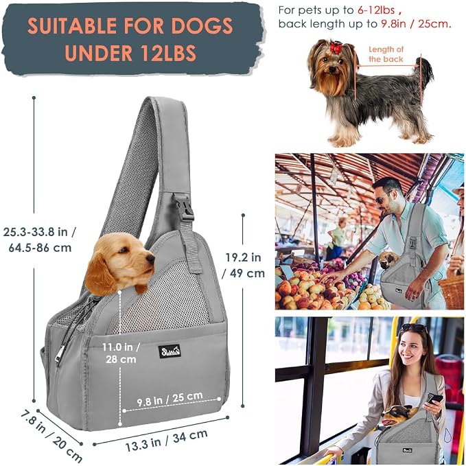 SlowTon Dog Sling Carrier, Hands Free Hard Bottom for Small Dogs up to 11lb | Breathable Mesh Support, Adjustable Padded Strap, with Pocket Safety Belt, Machine Washable, for Small Animal Puppy, Grey