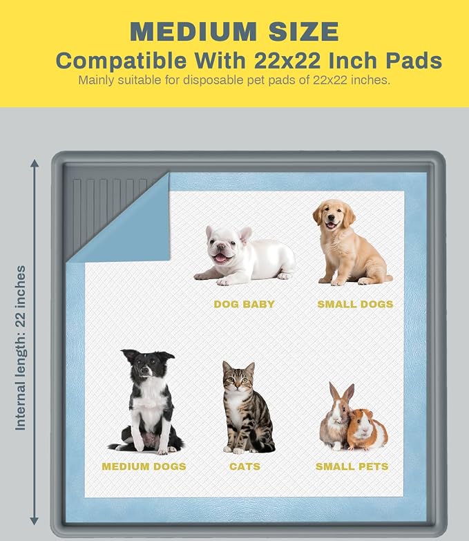 Thick Silicone Pet Pee Pad Holder, Medium Tray for 22" x 22" Disposable Pads, Raised High Edge Leak-Proof Training Mat for Puppy, Dogs, Cats