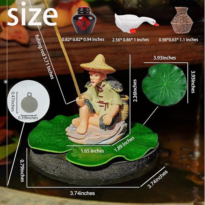 Fish Tank Decorations Floating Fish Tank Decorations,Retro Fisherman Sculpture Fish Tank Decoration with Three Small Ornaments with Mini Fishing Rod Funny Cool for Betta Bowl Zen Aquariums