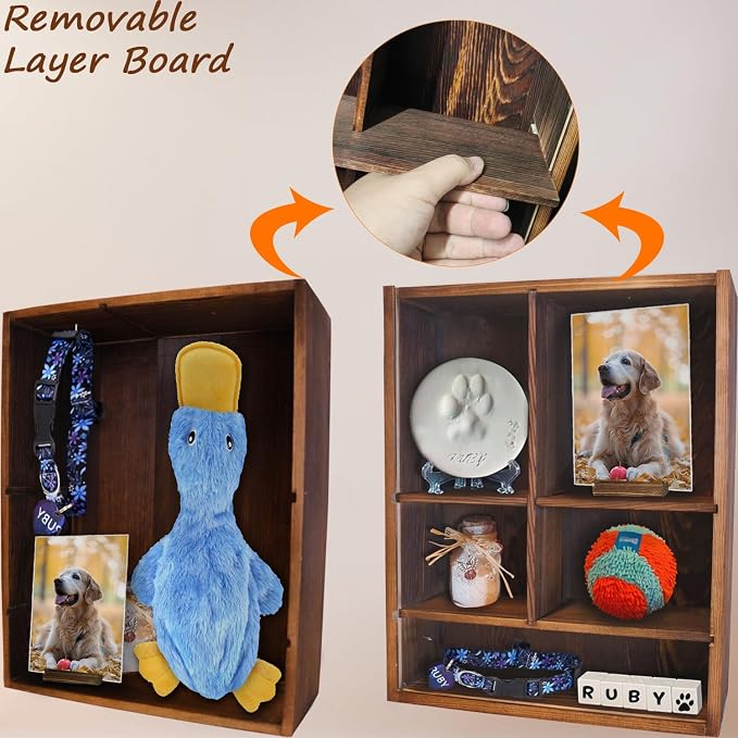 Solid Wood 11*14" Pet Memorial Shadow Box with Adjustable Shelves | Pet Memory Box Display Case for Dogs or Cats Frame Urn Ashes Nose Paw Print Keepsake for Pet Sympathy Gift- Charred Black