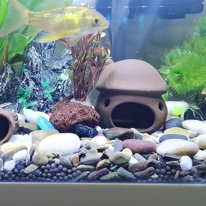 Ceramic Mushroom House Aquarium Decorations, Cichlid Caves Gold Fish House for Betta Goldfishes Cichlid to Rest, Breed, Hiding, Fish Tank Accessories - Brown