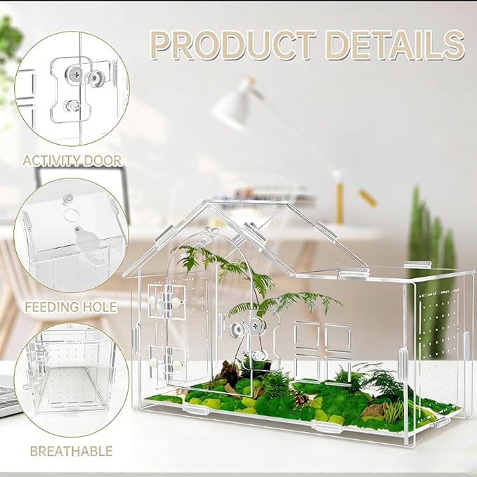 Jumping Spider Enclosure, Acrylic Habitat with Secure Feeding Port & Ventilation - Ideal Treehouse for Arboreal Spiders, Easy-Clean Terrarium for Pet Tarantulas, Mantises, and Small Invertebrates (1)