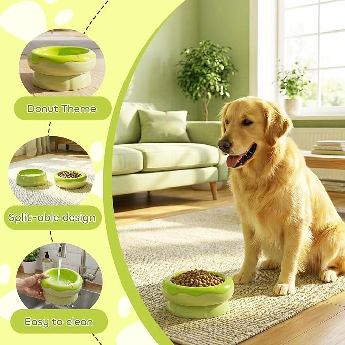 Donut Duo Ceramic Dog Bowl, Dog Water Bowl and Dog Food Bowl, Pet Bowls (Green)