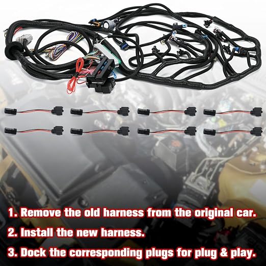 4L60E DBC LS Standalone Wiring Harness Compatible with GM LS1 1999-2006 Vortec Engines 4.8L 5.3L 6.0L Drive by Cable, with 8 Pack Fuel Injector Connector Adapter EV1 Transfer to EV6