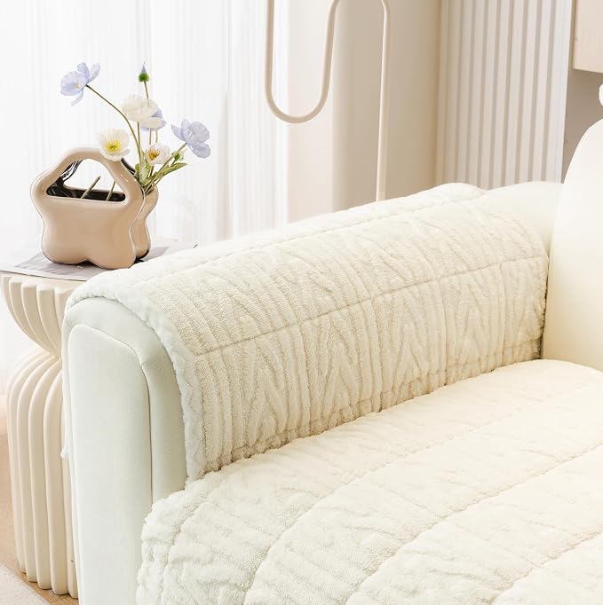 HANDONTIME Couch Cover for Dogs Washable, Fuzzy Sofa Cover for Pets Geometric Jacquard Non-Slip Couch Protector for Dogs Pet-Friendly Sectional Cushion Covers Pet Furniture Cover (Beige,35.4" x 35.4")