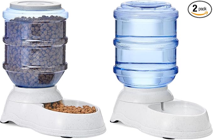 Amazon Basics Large Capacity Automatic Pet Water Dispenser and Gravity Feeder Set, Easy to Clean, 456.6fl.oz Food, 382.1fl.oz Water, Pack of 2