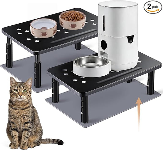 Dreyoo 2 Set Adjustable Cat Food Stand, Black,Gray Mat | Fits Most Auto Feeders, Cat Food Stand, 3 Level Stand, Non Slip Silicone Mats, Elevated Feeding Table, Cats Small Dogs