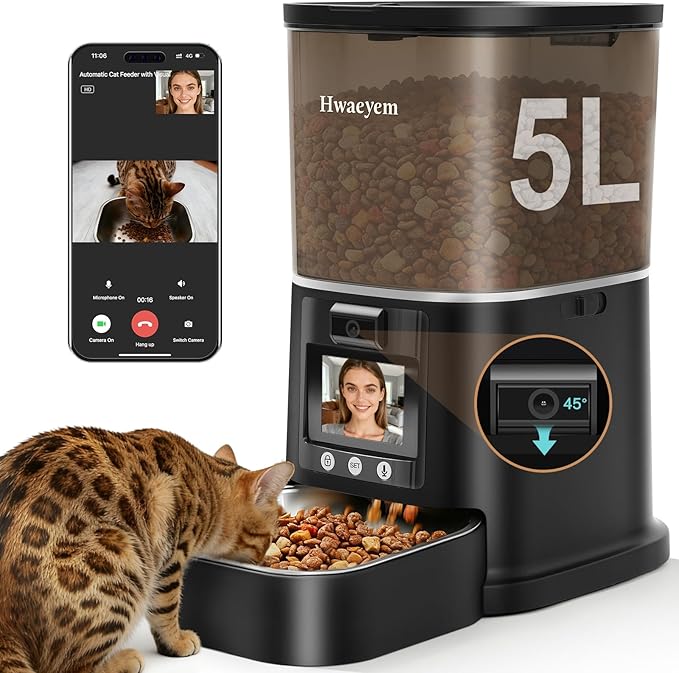 Automatic Cat Feeder with Camera, 5G WiFi Smart Pet Feeder with 2-Way Video/Audio, 45° Adjustable Angle, Night Vision, 5L Cat Food Dispenser for Cats & Small Dogs with APP Control for Vacation & Work