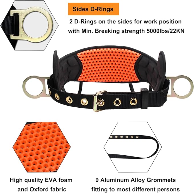 Safety Harness Climbing Belt - Tongue Buckle Safety Belt With Ventable & Moisture-Wicking Waist Pad and 2 Side D-Rings Personal Fall Protection Safety Belt for Work Positioning Restraint