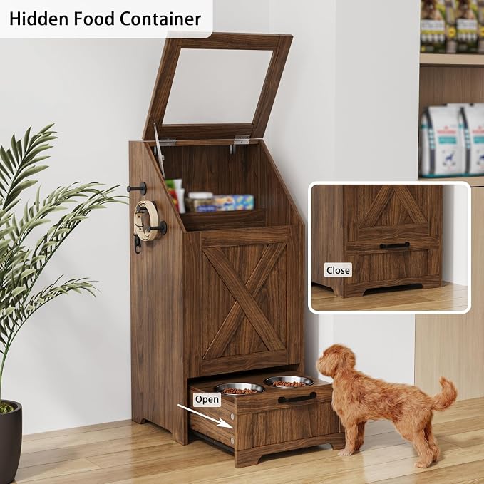 Dog Feeding Station with Storage Cabinet and 2 Elevated Dog Bowls, Hidden Pet Food Storage Organizer for Dog &Cat, Modern Dogs Furniture, Walnut