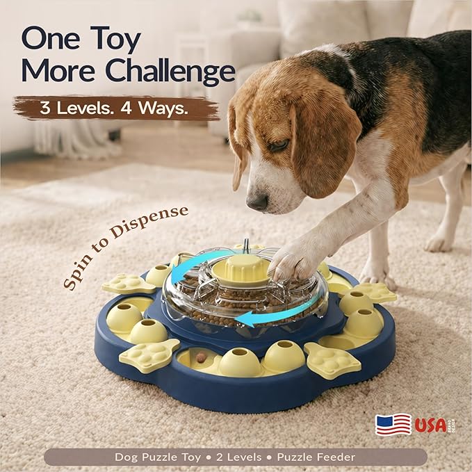 KADTC 3-Level Dog Puzzle Toy, Spin to Release Treat Dispenser & Slow Feeder | LARGE SIZE - Slide, swing, sniff, search: 4 play modes curb boredom, channel energy, build focus, deliver mental stimulation.
