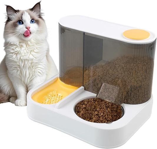 Distributeur automatique de nourriture et d'eau 2 en 1 pour chat, ensemble distributeur tout-en-un de nourriture et d'eau pour chien avec gamelle en acier inoxydable, distributeur par gravité détachable pour chat, chaton, petit chien (jaune)