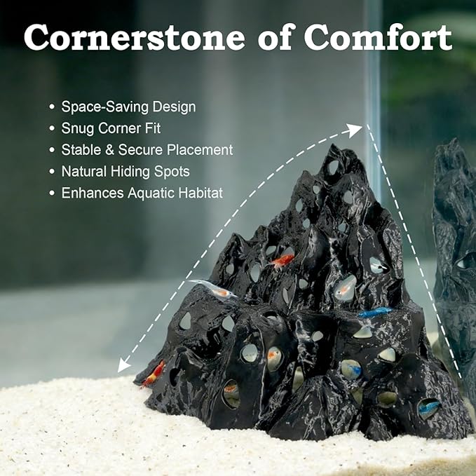 Rockery Cave, Aquarium Betta Fish Hideout Habitat Decor, Stable Resting Hiding Place for Cherry Shrimp, Dwarf Shrimp, Guppy and Small Fish (Black)