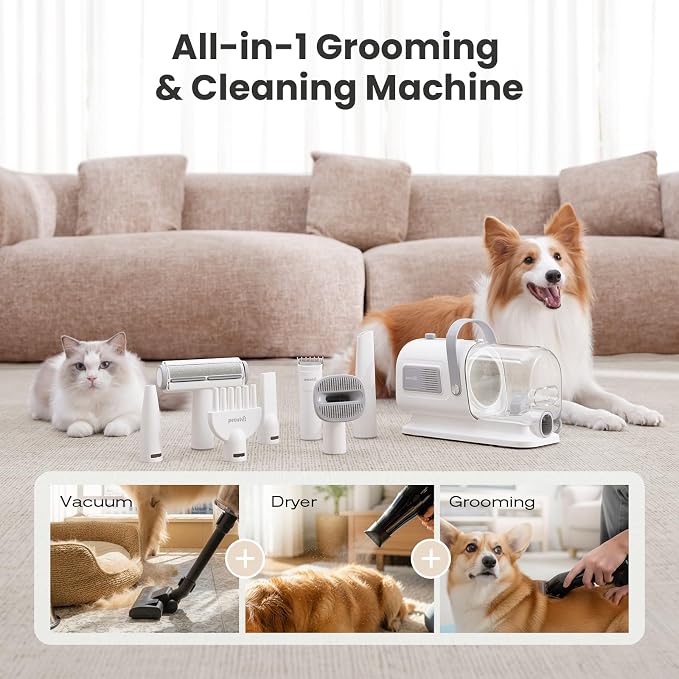 Pecute 7-in-1 Dog Grooming Vacuum & Dryer for Heavy Shedding | 10000Pa suction, adj suction & temp, home & salon use, 55dB low noise, 1.7L dust cup, reduces flying hair, easy cleanup