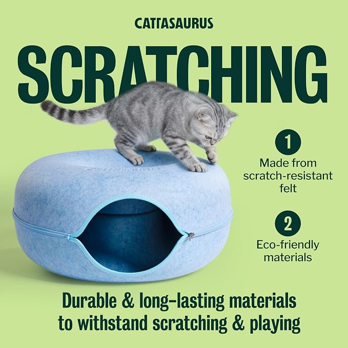 Peekaboo Cat Cave Donut for Multiple & Large Cats up to 30-45 lbs, 3-in-1 Self Warming Cat Bed, Tunnel & Scratcher for Indoor Cats, Washable & Detachable Small Dog Bed (Blue, Large)