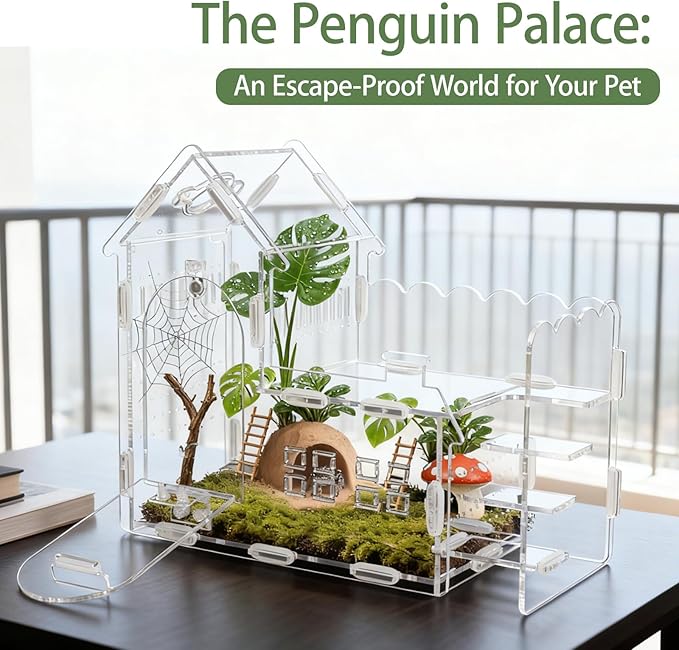 Magnetic Acrylic Terrarium for Jumping Spiders & Small Pets – Easy-Access Front Opening, Feeding Hole, Ideal for Reptiles, Tarantulas, Hermit Crabs & More