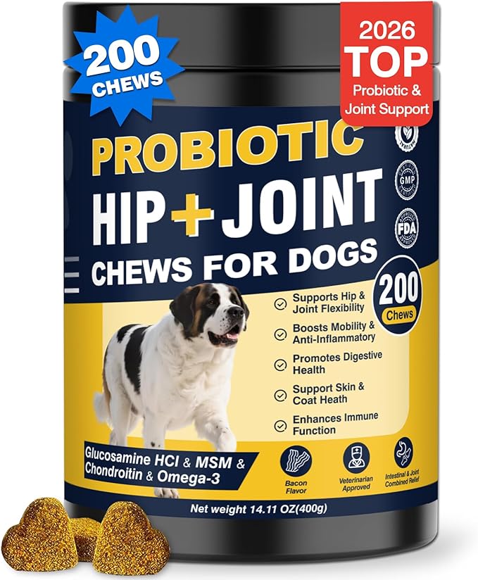 Hip and Joint Supplement for Dogs Dog Probiotics Glucosamine Chondroitin MSM Chew for Dog Arthritis Pain Relief Extend Joint Care, Probiotic for Digestive/Gut Health for Large/Small/Senior Breed Dogs