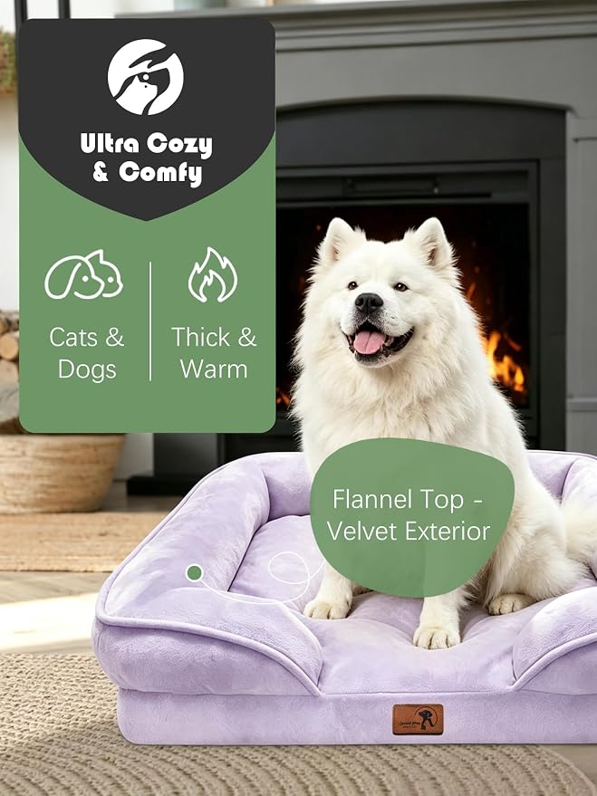 Spotted Play Orthopedic Dog Bed with Sides - Sofa Beds for Large Dogs, Supportive Foam Pet Couch Bed with Washable Removable Cover, Waterproof Lining and Non-Slip Bottom, Purple - L-Plus