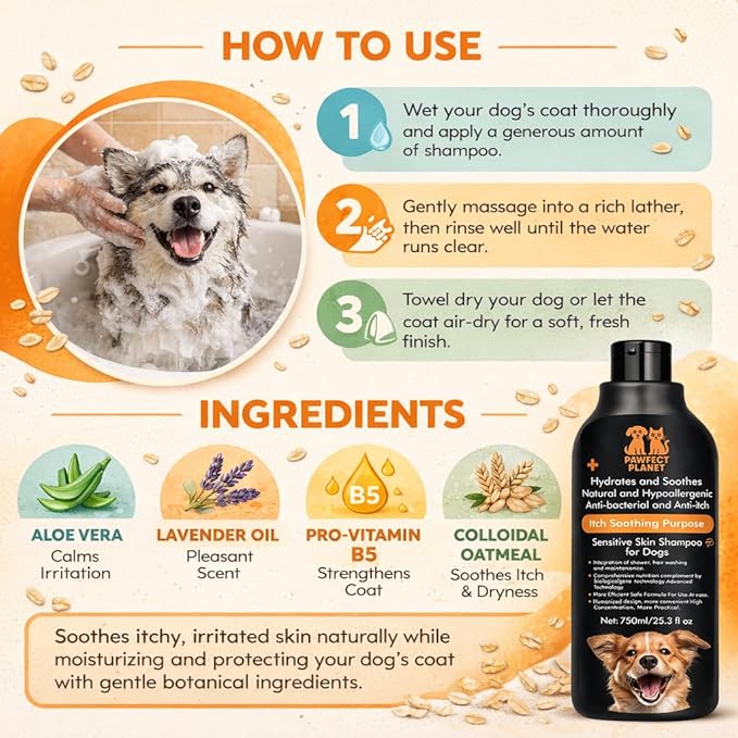 Dog Shampoo for Itchy Skin Relief - Natural Anti Itch Formula with Aloe Vera & Tea Tree Oil 750ml - Hypoallergenic Shampoo for Dogs Allergies Hot Spots Sensitive Skin - pH Balanced Pet Wash All Breeds