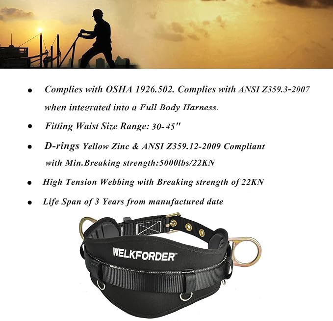 Tongue Buckle Body Belt With Hot-Pressing Waist Pad and 2 Side D-Rings Personal Protective Equipment Safety Harness | Waist Fitting Size 30'' to 45'' for Work Positioning, Restraint