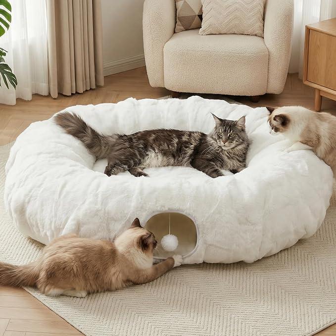 Extra Large Cat Tunnel, 47.2in Luxury Tunnel for Large Cats | Extra Long Bubble Fleece Big Cat Tunnel with Washable Mat, Skin-Friendly Large Tunnel for Cats, Puppy, Rabbits White