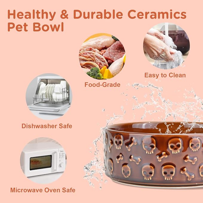 SPUNKYJUNKY Elevated Dog Bowls Ceramic, 8.3'' Dogs Food Water Bowls Raised with Non-Slip Bamboo Stand for Large Sized Breed Microwave Dishwasher Safe - 60 OZ,Skull Bronze