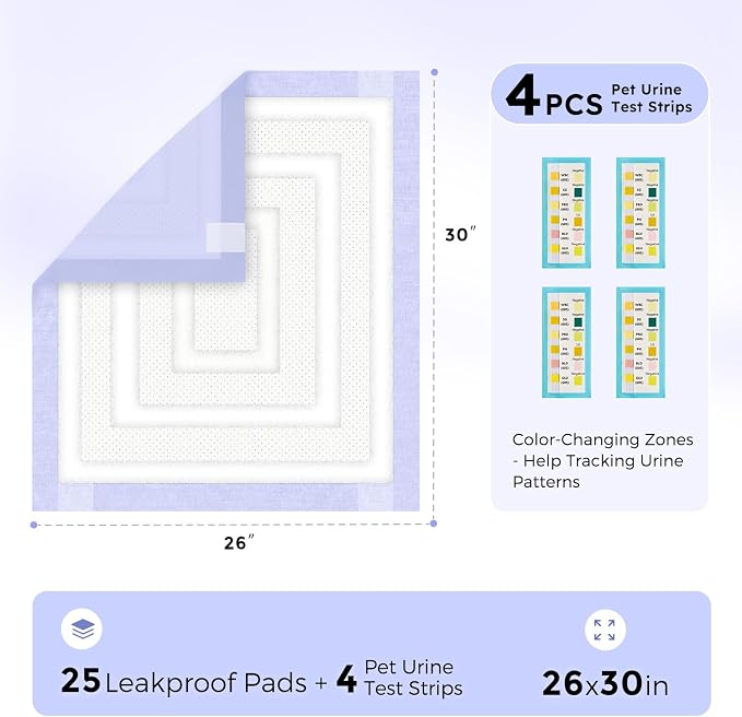 ZOMISIA 3D-Barrier Puppy Pee Pads for Dogs, 12 Cups Absorb & Rise Puffy Gel-Wall Leak-Proof, 26"x30" 25 Counts + 4 Pet Urine Test Strips, Super Absorbent Disposable Potty Training Pads