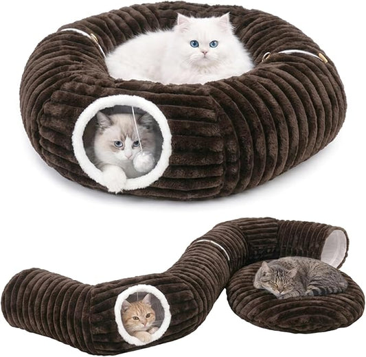 Dogpals Cat Tunnel Bed Cave 33" Lx10 Wx10 H for Indoor Cats (Coffee) | Washable Cozy Cushion, Soft Striped Plush Fabric, Hideaway Peekaboo Cave for Kittens, Puppies, Rabbits & Small Pets
