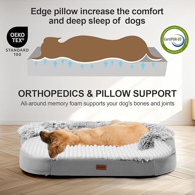iweepet Fluffy Calming Orthopedic Dog Beds for Medium & Large Dogs, Supportive Dog Sofa Bed with 3.7 inch 28D Egg-Crate Foam, Removable Washable Plush Cover, Waterproof Lining, 41'',Grey