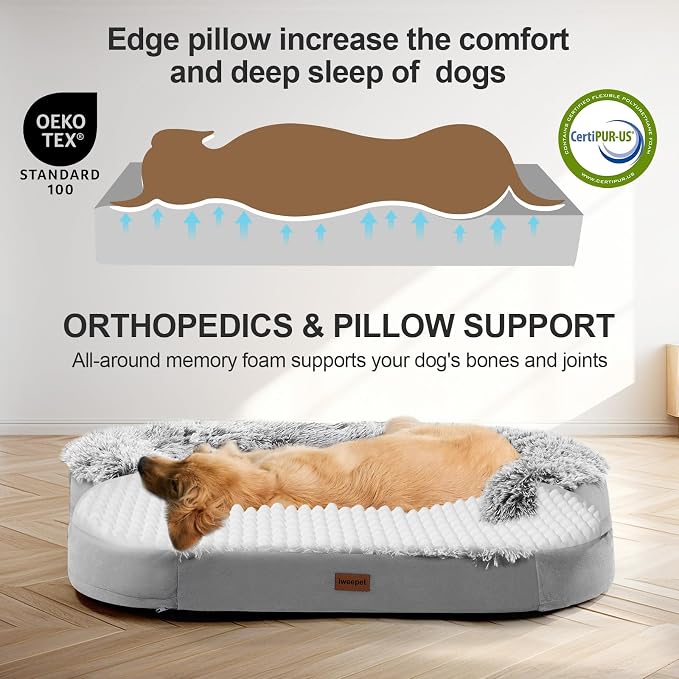 iweepet Fluffy Calming Orthopedic Dog Beds for Large & Extra Large Dogs, Supportive Dog Sofa Bed with 3.7 inch 28D Egg-Crate Foam, Removable Washable Plush Cover, Waterproof Lining,44’’,Grey