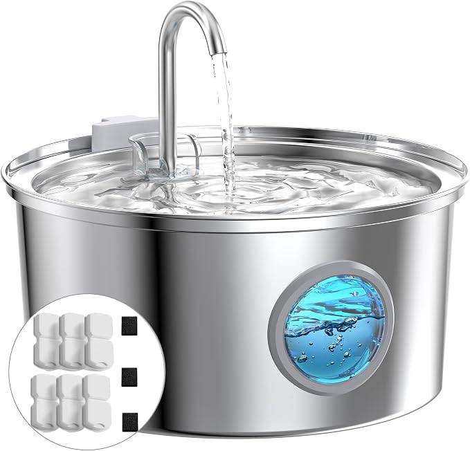 Cat Fountains for Drinking Stainless Steel: 108oz/3.2L Cat Water Fountain with 6 Filters + 3 Sponges - Running Pet Water Fountain Filtered - GIOTOHUN Faucet Like Pet Water Fountains for Cats Indoor