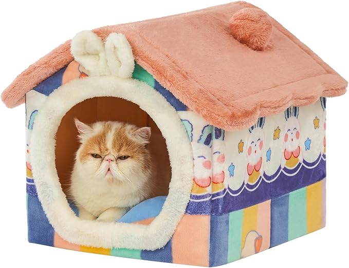 Cute Cat Beds for Indoor Cats, Foldable Cat House with Non-Slip Bottom | S Size Kitten Bed for 0-6 Lb Dogs and 0-8 Lb Cats, Rainbow,Cat Nest Puppy Cave,Soft Cozy Dog Cave Bed
