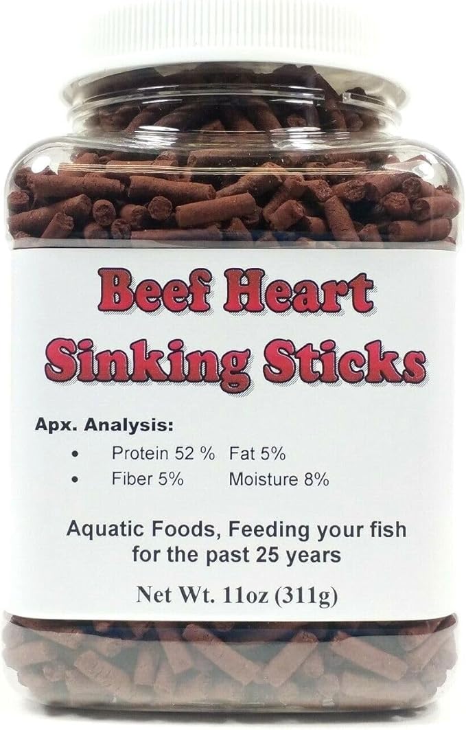 Aquatic Foods Inc. Beef Heart Sinking Sticks, APX 1/8" x 7/16" Beef Heart Sticks for Discus, Cichlids, Koi & Pond Fish, Great for All Tropical Fish - 11 oz Small Jar