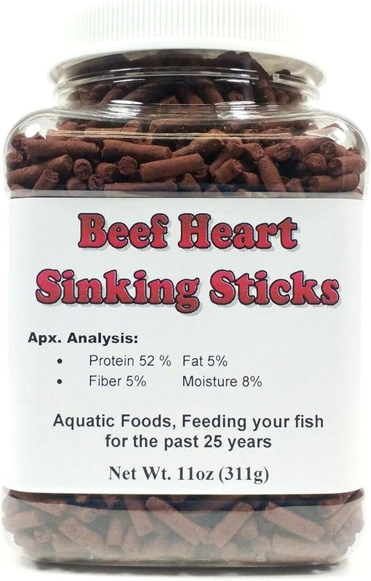 Aquatic Foods Inc. Beef Heart Sinking Sticks, APX 1/8" x 7/16" Beef Heart Sticks for Discus, Cichlids, Koi & Pond Fish, Great for All Tropical Fish - 11 oz Small Jar
