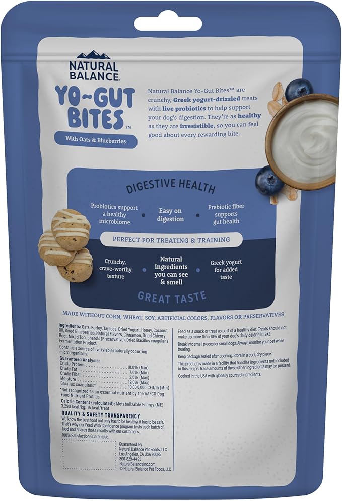 Natural Balance Yo-Gut Bites Crunchy Dog Treats with Real Oats & Blueberries, Greek Yogurt Drizzle, Probiotics for Digestive Support, 4.5oz Bag