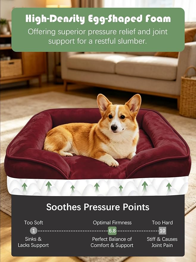 Spotted Play Orthopedic Dog Bed with Sides - Sofa Beds for Medium Dogs, Supportive Foam Pet Couch Bed with Washable Removable Cover, Waterproof Lining and Non-Slip Bottom, Burgundy - M