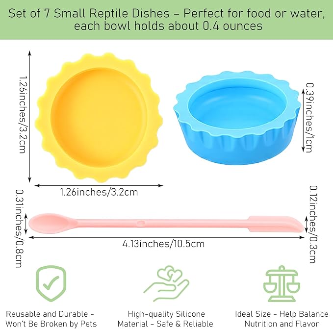 9 PCS Crested Gecko Food and Water Bowl Reusable Small Reptile Feeding Dish Gecko Tank Accessories for Hermit Crab Tarantula Isopods Lizard Easy Clean Silicone 7 Colors Includes Spoon