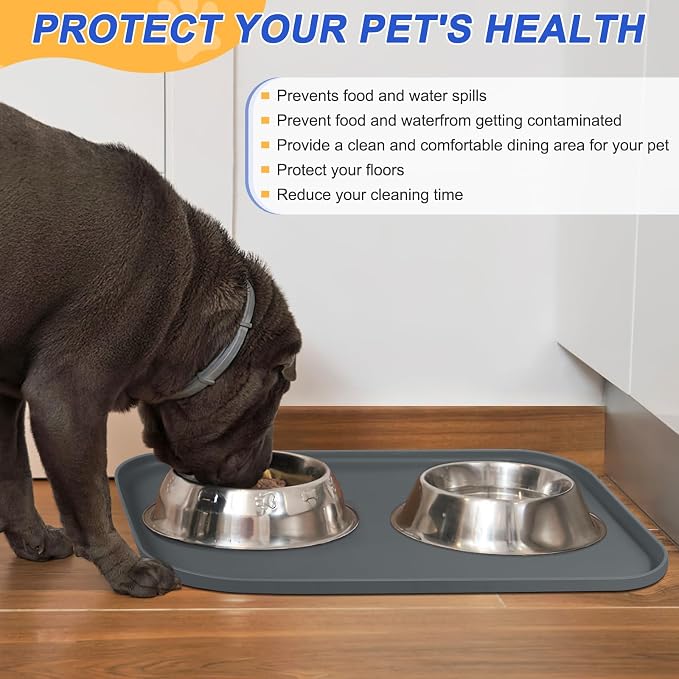 SMILOOL Waterproof Silicone Pet Food Mat with Raised Edge for Dog & Cat | 22" x 14" Non-Slip Pet Feeding Mats with Lip for Food & Water Bowl, Food Grade, Easy Cleaning, Dark Gray