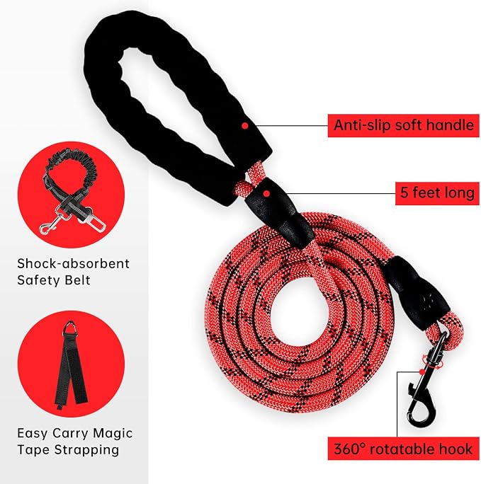 IVY&LANE No Pull Dog Harness for Medium Dogs, Dog Vest Harness with Leash, Safety Belt and Storage Strap, Fully Adjustable, 360° Reflective Strip, Soft Handle (Red, M)