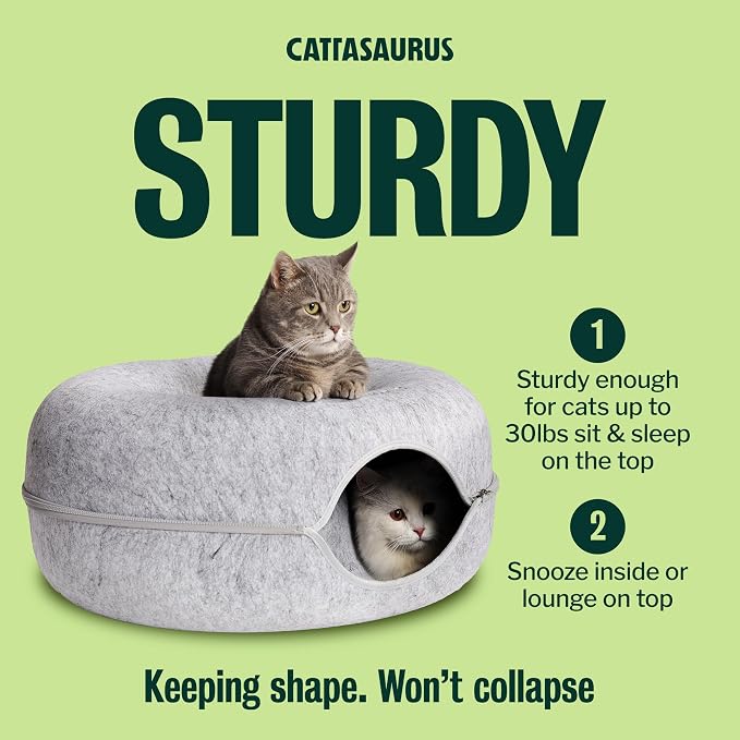 Peekaboo Cat Cave Donut for Multiple & Large Cats up to 30-45 lbs, 3-in-1 Self Warming Cat Bed, Tunnel & Scratcher for Indoor Cats, Washable & Detachable Small Dog Bed (Light Gray, Large)