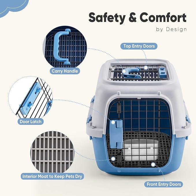 DUMOS 23" Hard-Sided Pet Carrier for Small Dogs & Cats, Airline Approved Travel Crate with Enhanced Security Latches, Front & Top Load Wire Door, Food Bowl for Traveling, Hiking, Camping, Blue