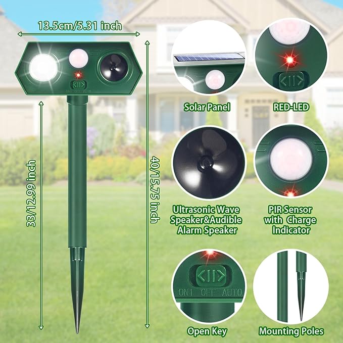 2026 Upgraded Solar Ultrasonic Animal Repellent Deer Repellent Devices with Motion Sensor & Flashing Light Cat Repellent Outdoor to Keep Squirrel Raccoon Rabbit Away from Yard Garden 2 Pack