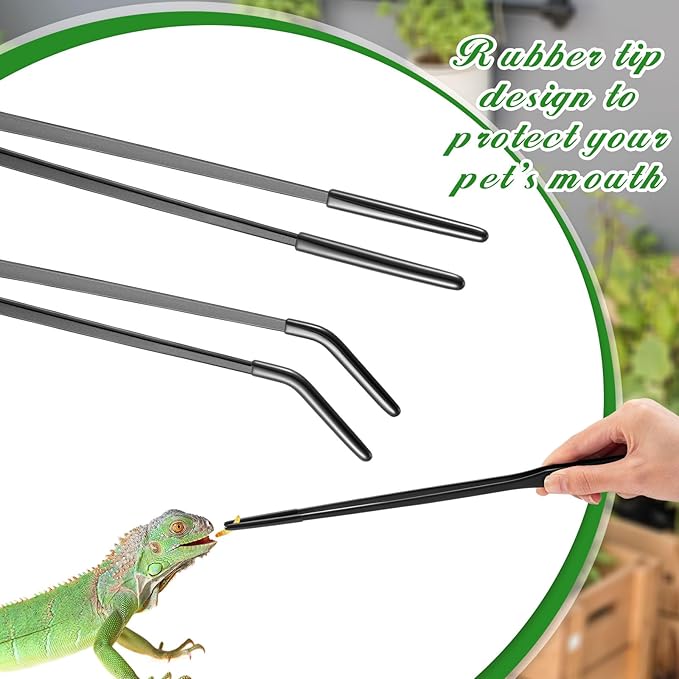 Lasnten 2 Pcs Extra Long Stainless Steel Reptile Feeding Tongs with Rubber Tip 15 Inch Bearded Dragon Aquarium Straight and Curved Long Tweezer Terrarium Feeder Tool for Tank(Black)