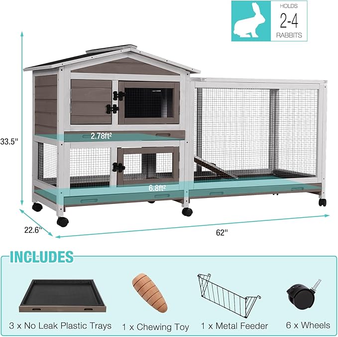 Suumerpety 62" Rabbit Hutch with Chew-Proof Ramp & Waterproof Roof - Indoor/Outdoor Bunny Cage, 2-Story Design, 6 Lockable Caster Wheels & Dual Pull-Out Trays (Brown)